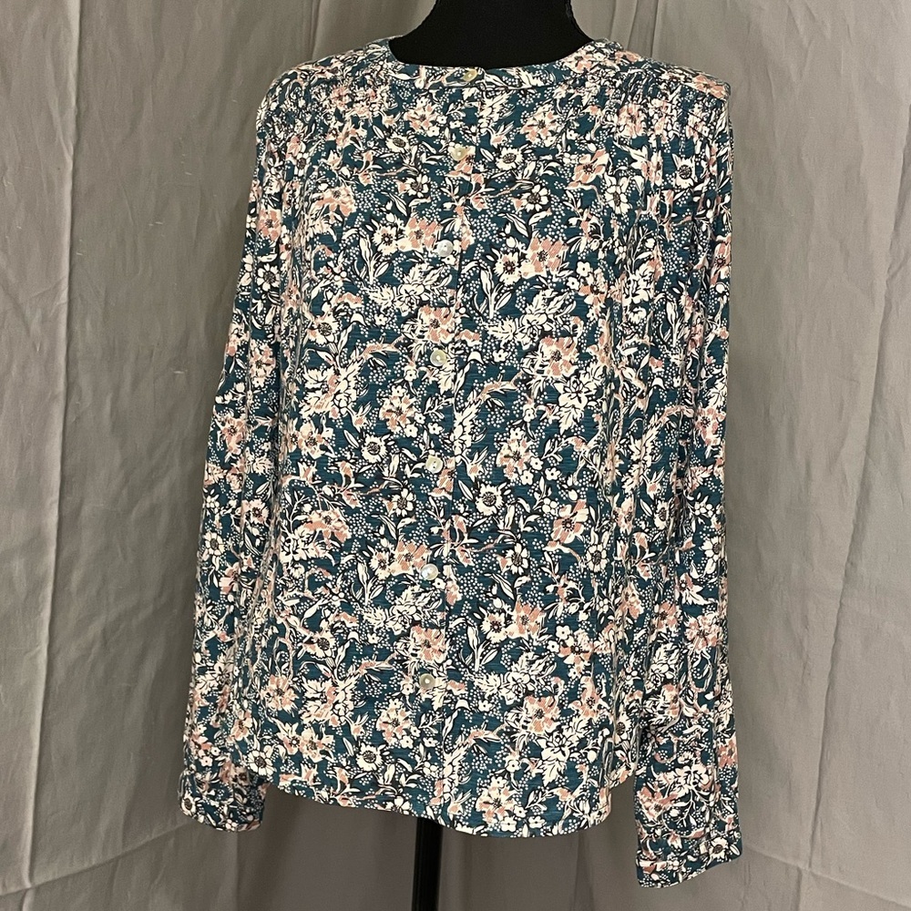 Aventura Teal Floral Crewneck Long-Sleeve Button Down Top with Blush Accents